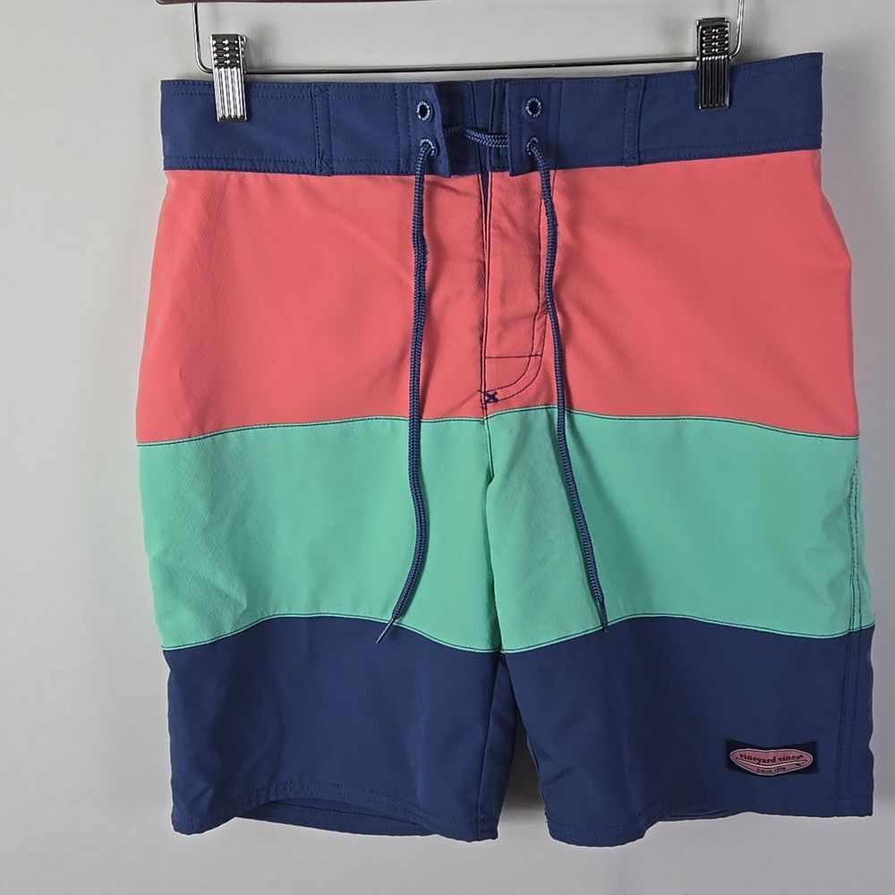 Vineyard Vines Board Shorts Sz 28 Blue Teal Pink Colorblock Preppy Unlined